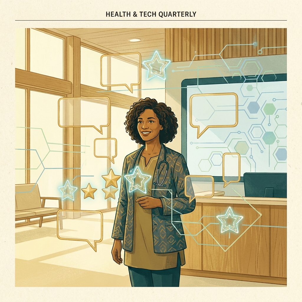 Illustration of a trusted doctor surrounded by glowing patient testimonials and digital trust signals for physician reputation building.
