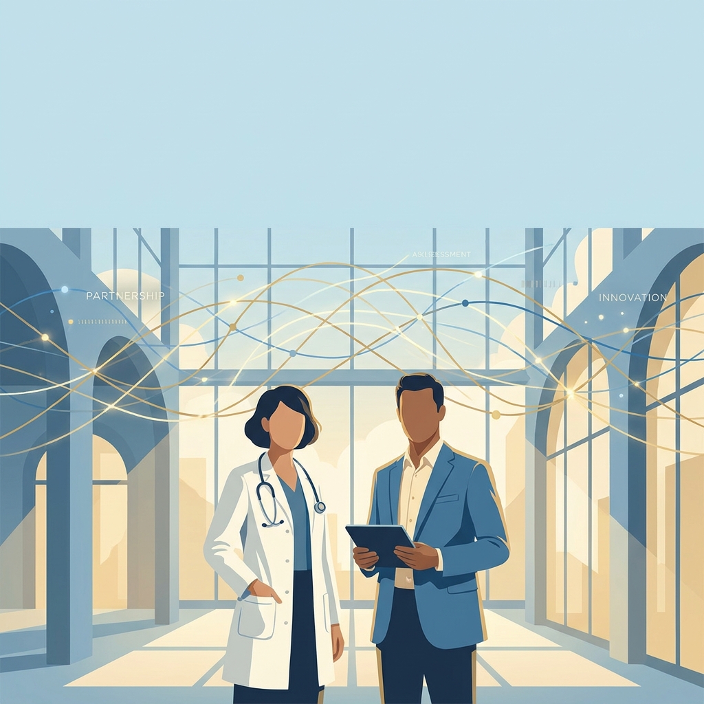 Health innovation biomedical company doctor partnership illustrated as two professionals united in a modern medical environment