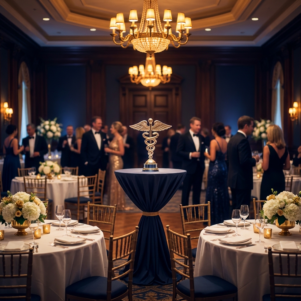 Elegant physician recognition gala dinner and healthcare awards ceremony ballroom with golden lighting and trophy on stage
