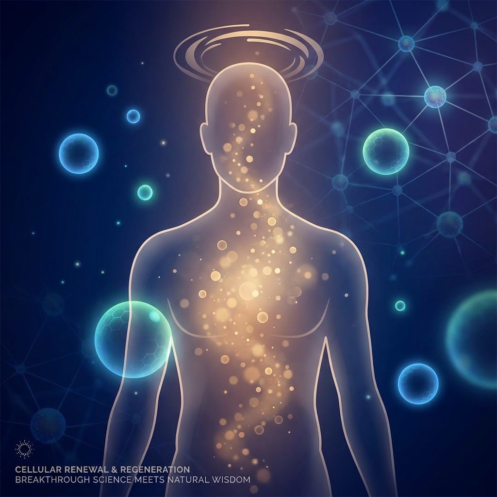 Glowing human silhouette with radiant light particles representing Christian Drapeau stem cells health science and cellular regeneration