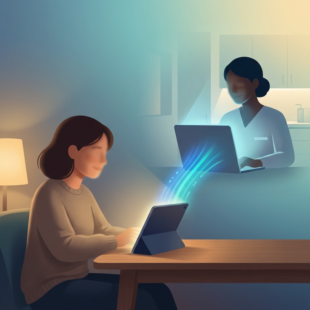 Illustration of telehealth evolution showing doctor-patient virtual care connection through glowing screen interface