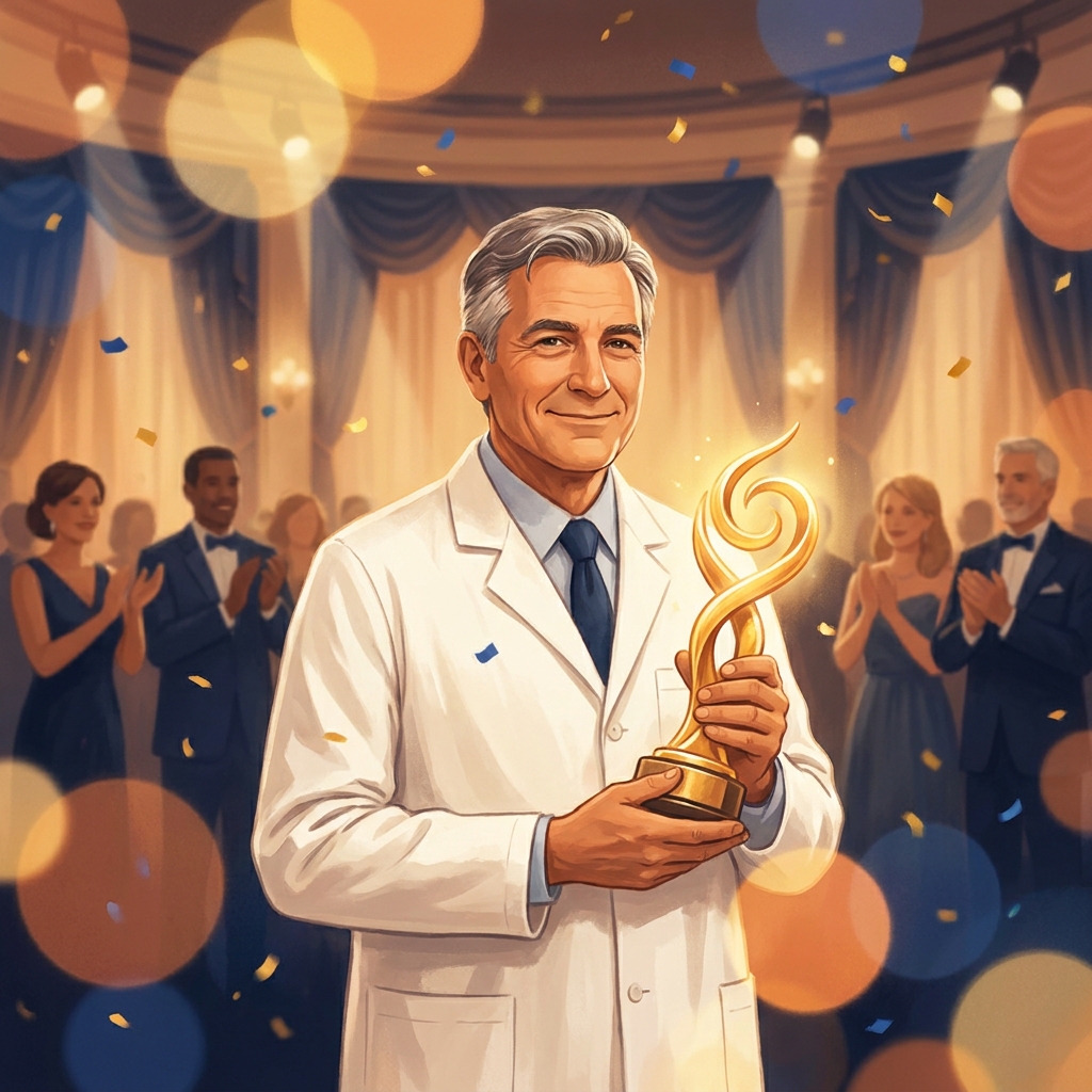 Doctor receiving a prestigious award trophy at an elegant ceremony, representing how to nominate a doctor for an award