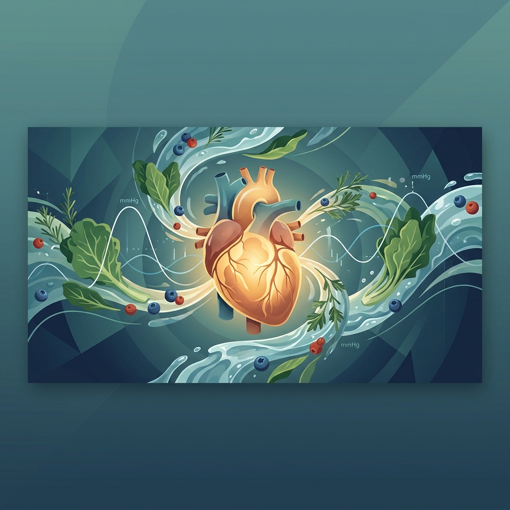 Glowing heart surrounded by natural foods and herbs representing blood pressure management natural doctor strategies