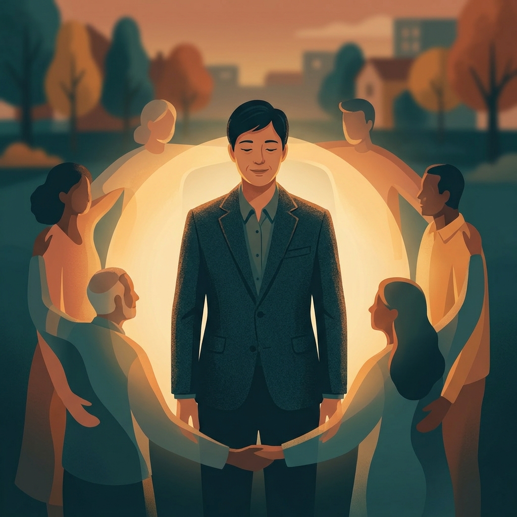 Physician surrounded by glowing community light, representing healthcare philanthropy and doctor community giving