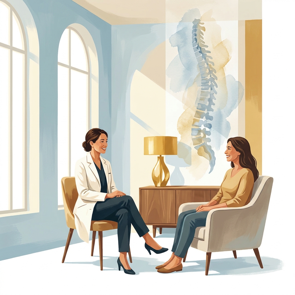 Spine health back pain doctor consulting a patient in a modern clinic, representing expert treatment options.