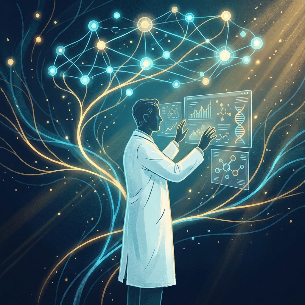 Illustration representing medical research breakthroughs 2026 doctor roundup with glowing data networks and physician silhouette