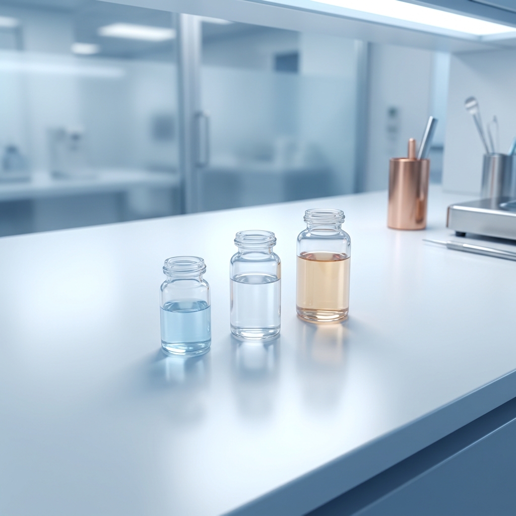 Three bacteriostatic water vials including a 10 mL format arranged on a clean laboratory surface