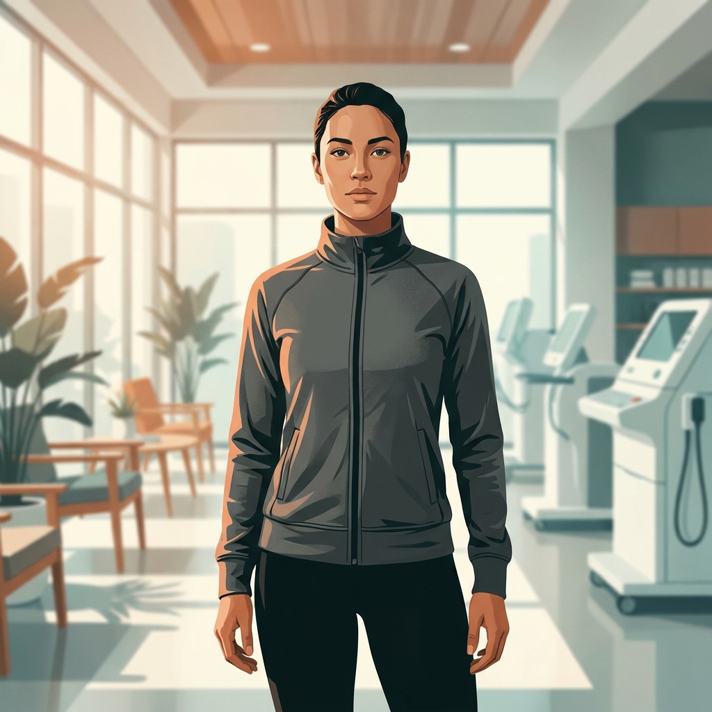 Athlete standing confidently in a modern cardiopulmonary diagnostic facility ready for a VO2 max test