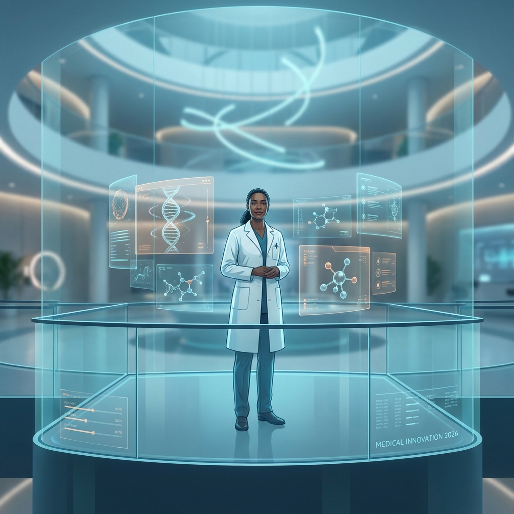 Physician surrounded by glowing medical data visualizations representing health trends doctors are watching in 2026