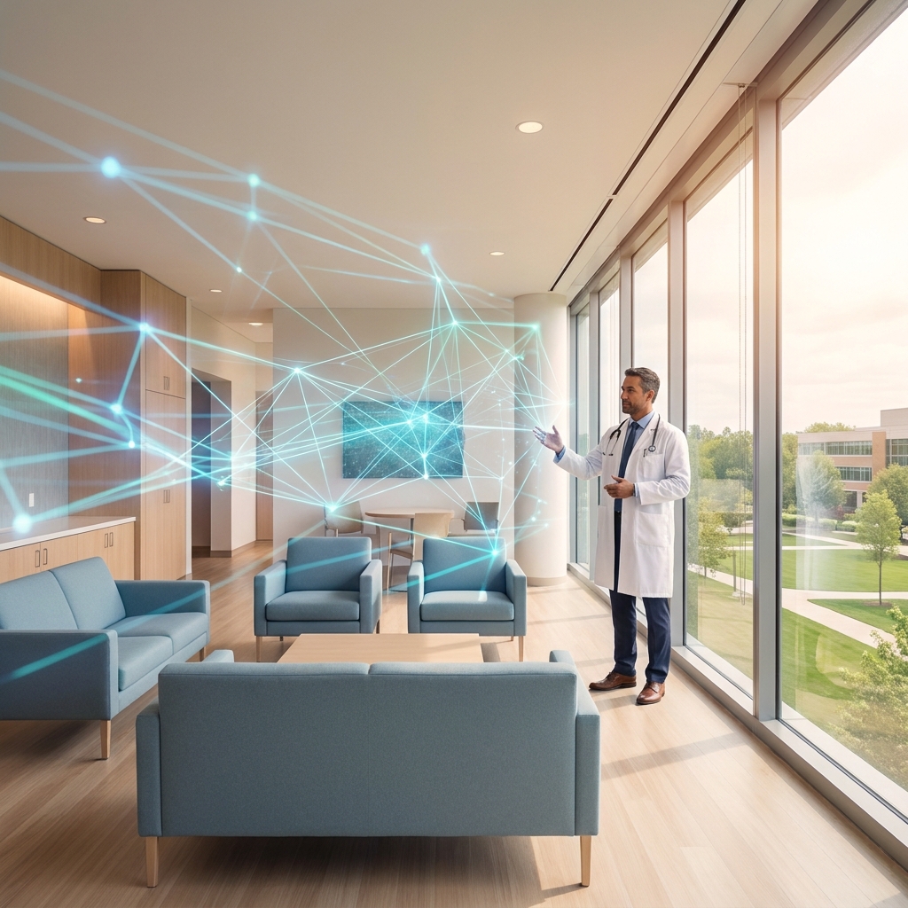 Integrated healthcare providers connected through a digital care network illustration
