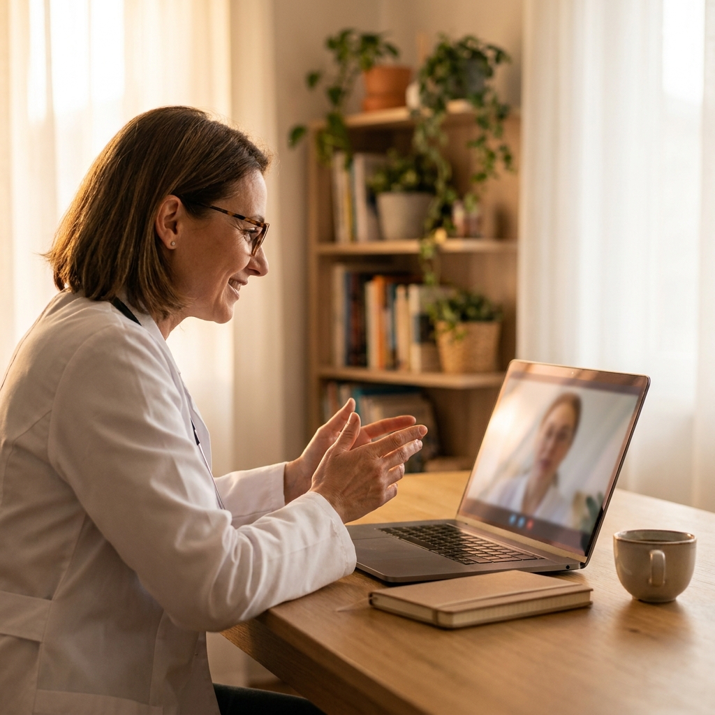 Medical professional taking Spanish for medical professionals classes via video call at home
