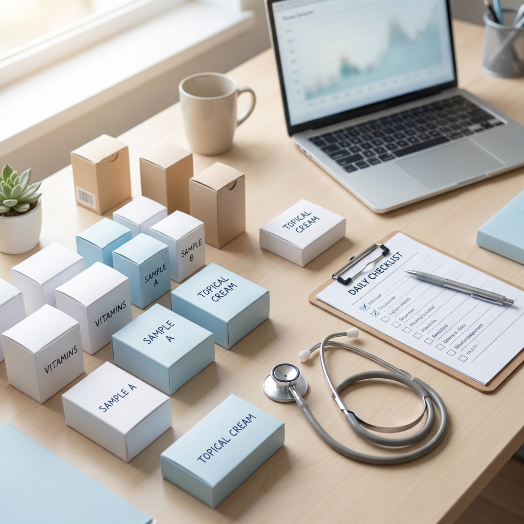 Organized sample boxes on a desk representing free samples for healthcare providers