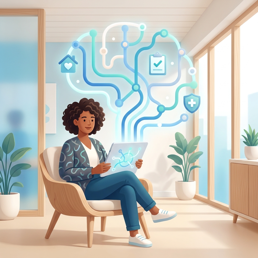 Illustration of a patient reviewing Molina Medicaid healthcare providers network on a tablet