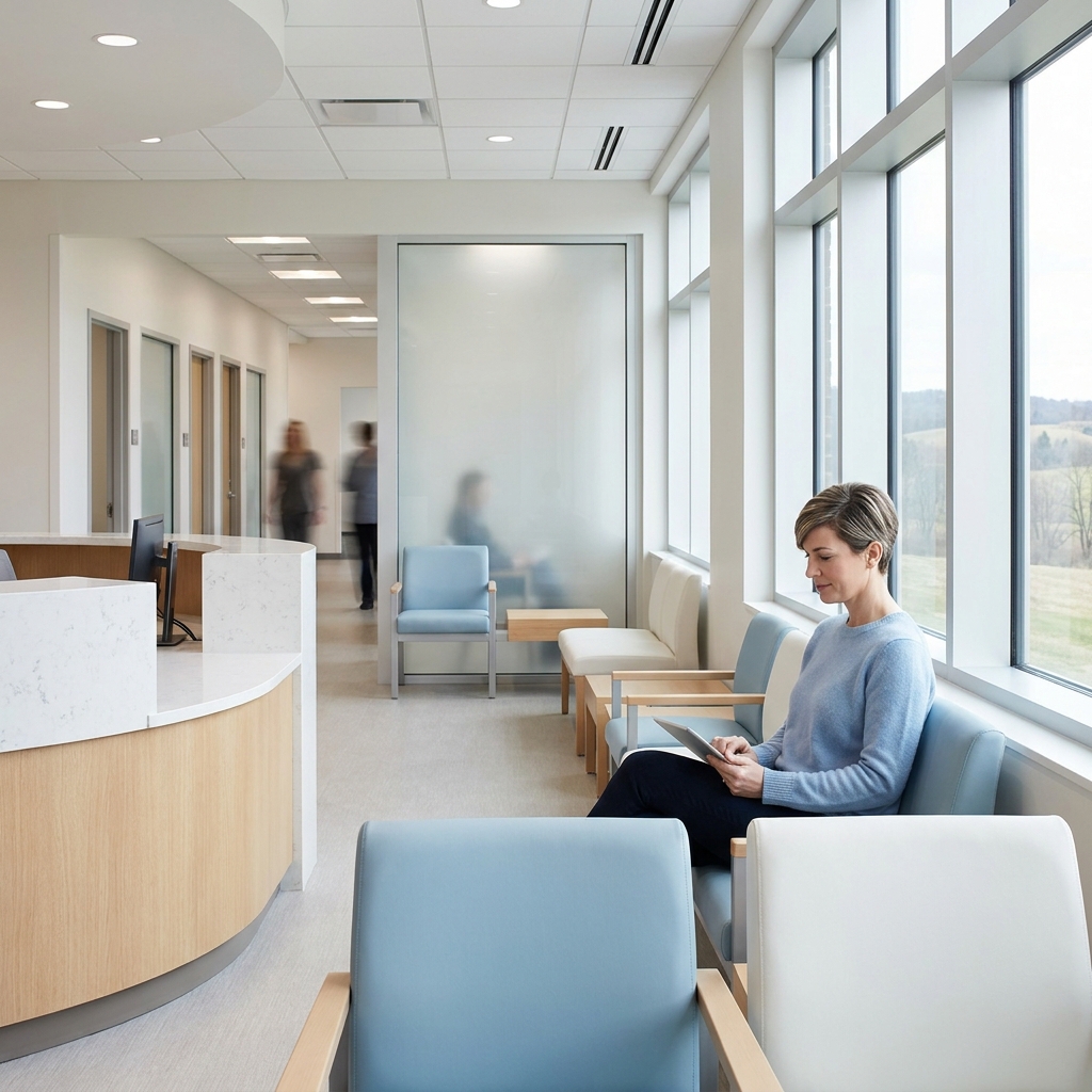 Patient confidently reviewing information in a modern CNY medical professionals' office