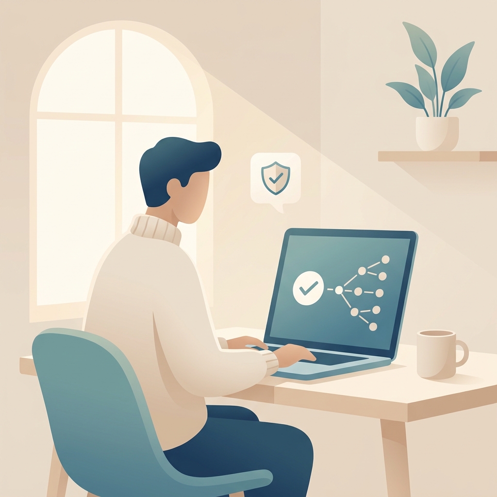 Person confidently verifying Oscar healthcare providers online using a laptop