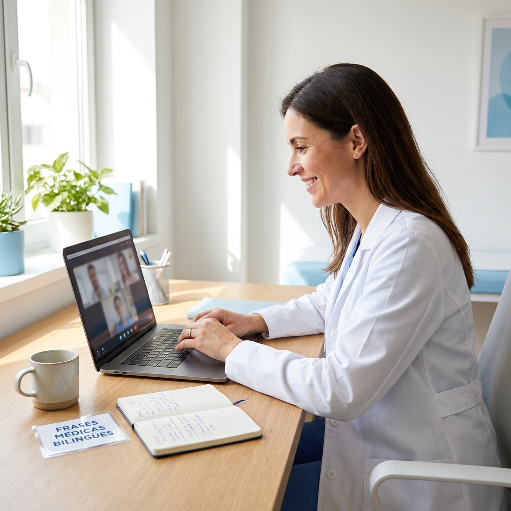 Doctor taking a Spanish for medical professionals online in a bright office