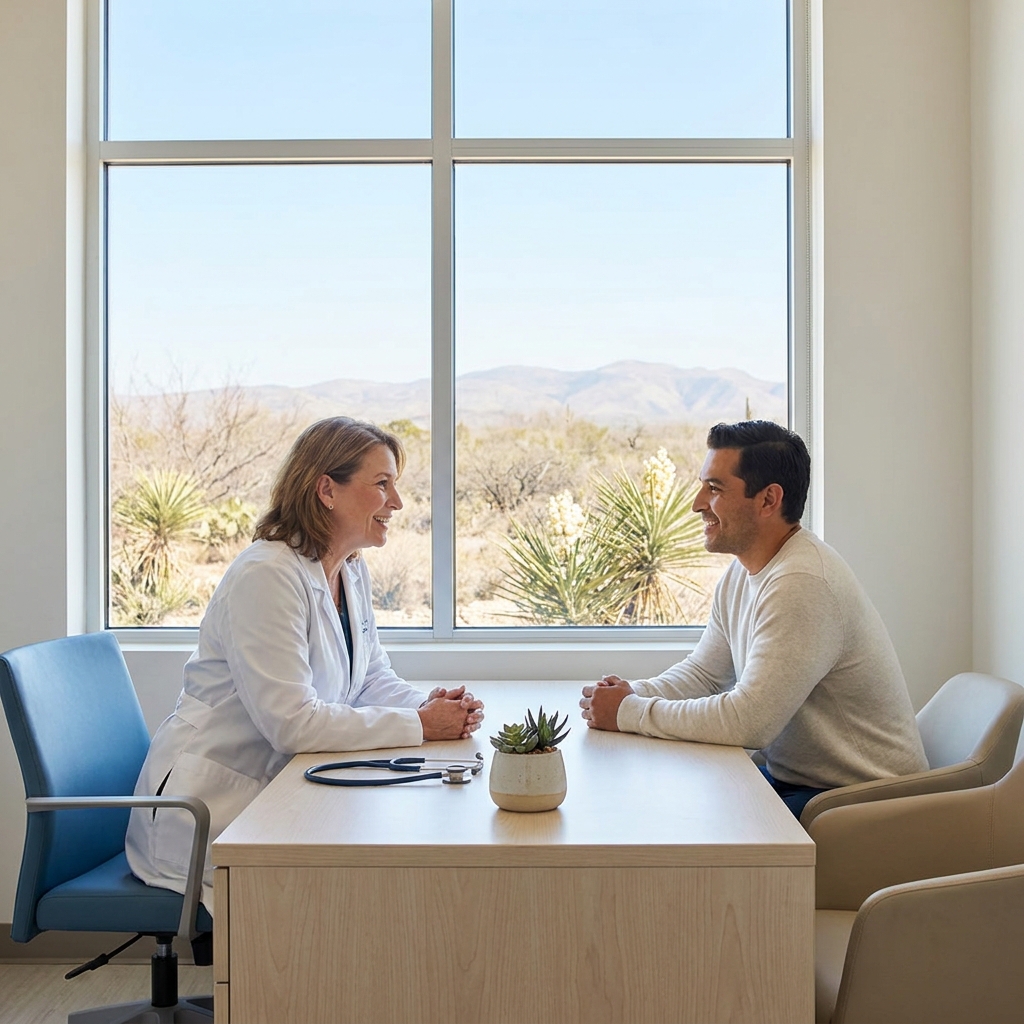Doctor and patient consulting in bright office, representing South Texas allergy & asthma medical professionals
