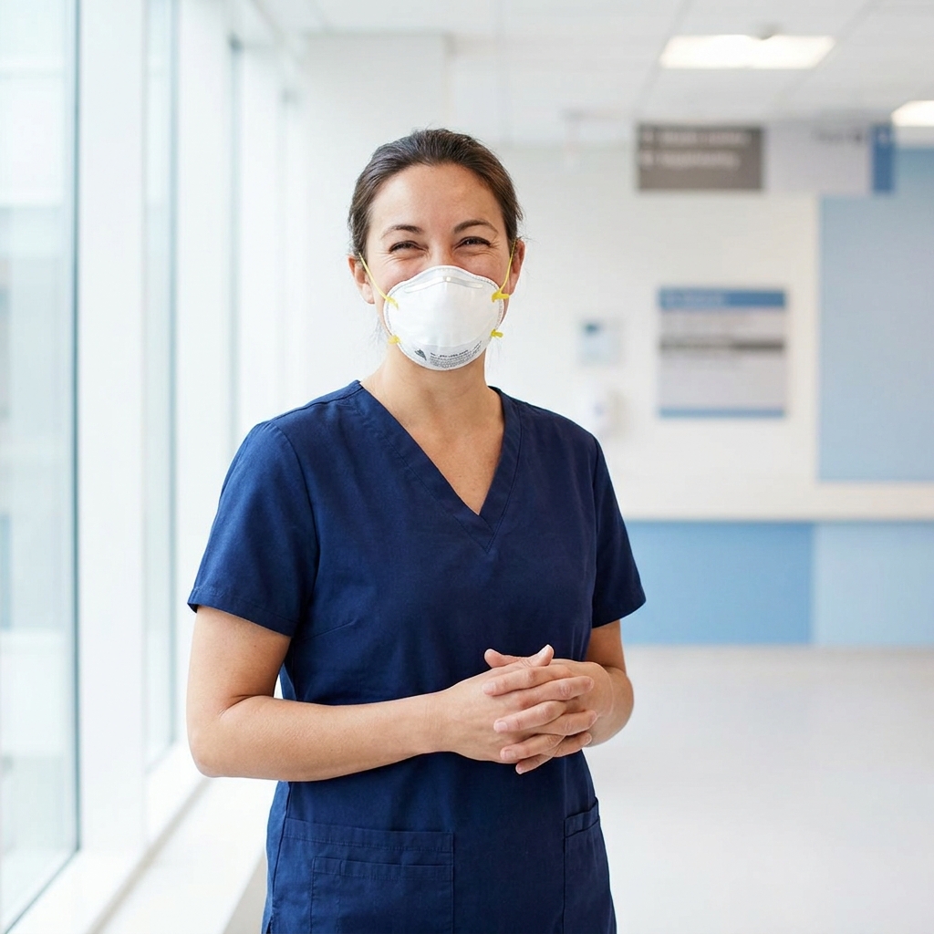 Healthcare provider wearing N95 respirator in hospital hallway, illustrating when to use N95 protection