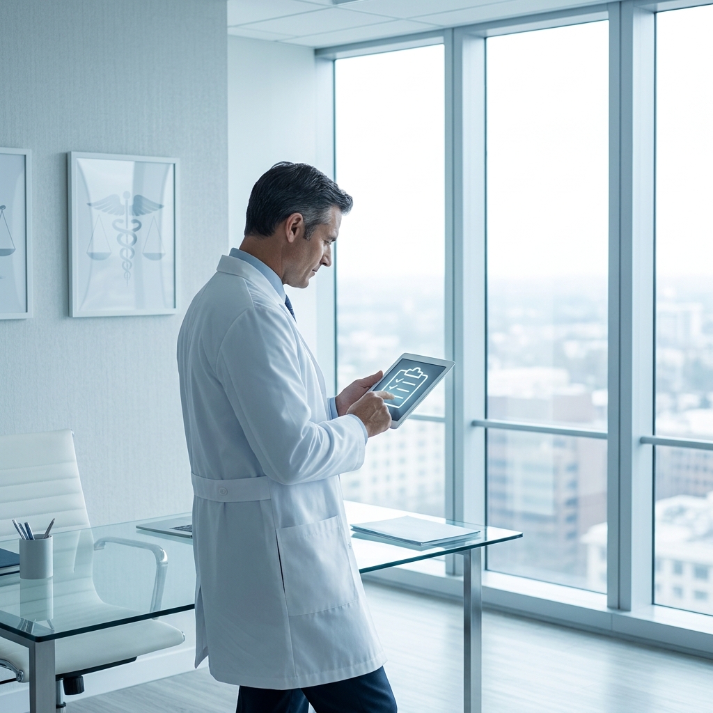 Physician reviewing compliance checklist, representing AMA regenerative medicine & skincare guidance