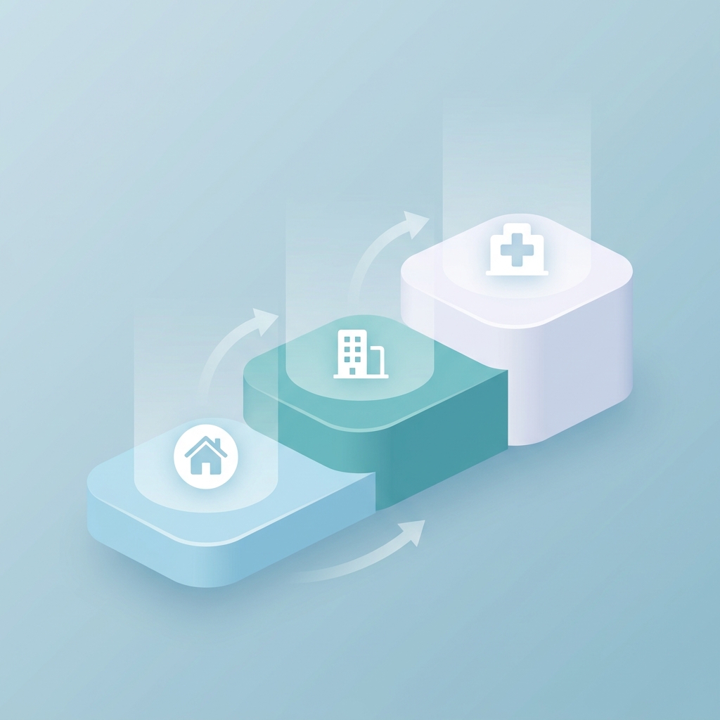 Illustration of three tiers representing the 3 types of healthcare providers and care levels