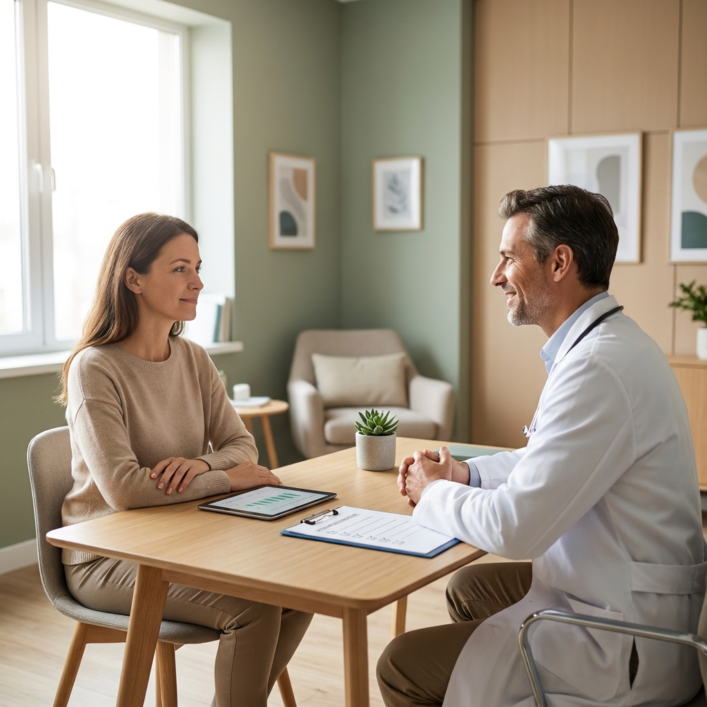 Patient and doctor discussing AMA regenerative medicine & skin care guidelines in a bright consultation room