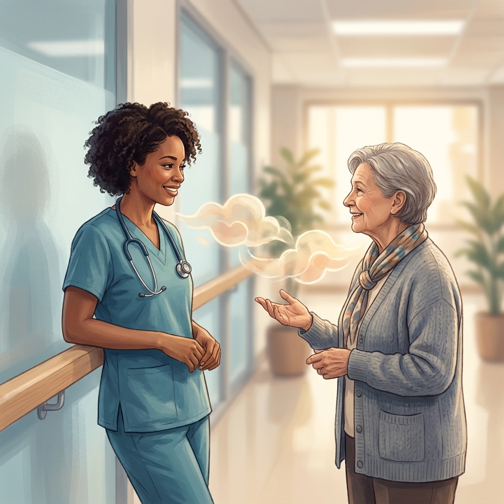 Healthcare professional communicating warmly with patient, symbolizing medical Spanish for healthcare professionals