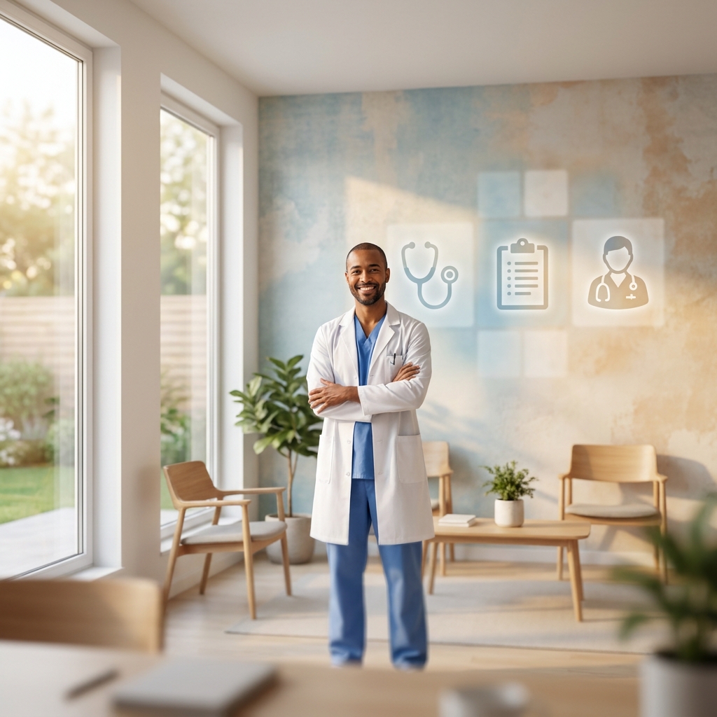 Confident healthcare provider in a bright, modern medical office setting