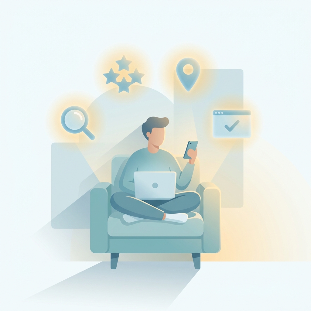 Illustration of a person researching to find the best site for doctor reviews online
