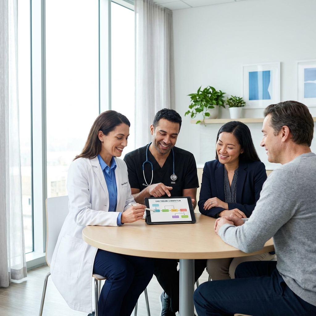 Integrated medical professionals collaborating with a patient in a modern clinic setting