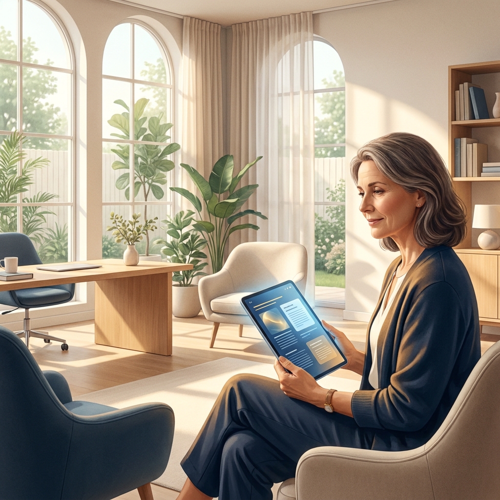 Patient reviewing research to verify npj Regenerative Medicine claims in a bright clinic office