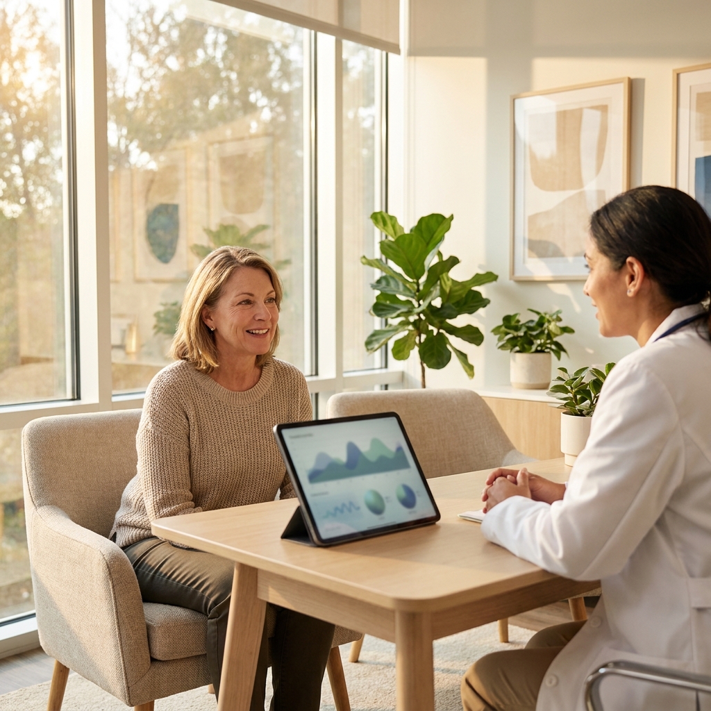 Patient consulting with provider at a modern regenerative medicine center