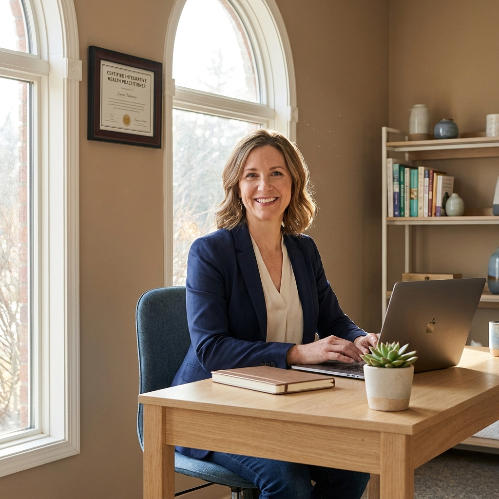 Integrative health practitioner salary concept: professional in modern wellness office setting