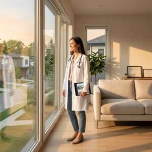 Physician confidently standing in new home, representing home loan for medical professionals
