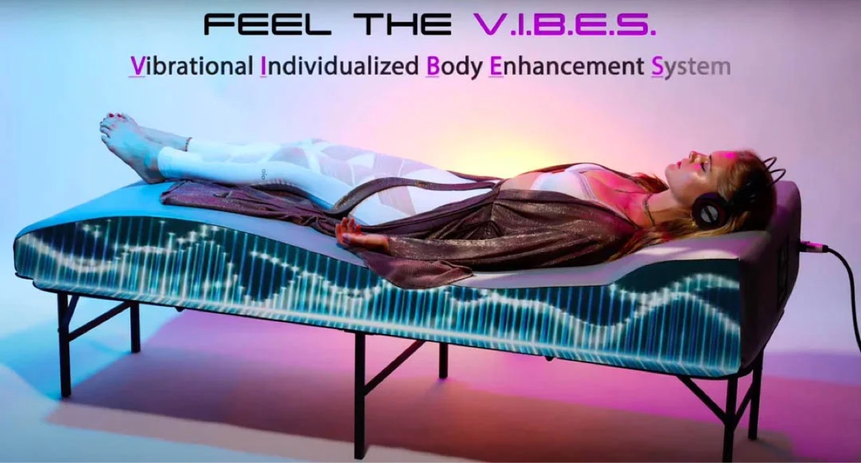 Woman experiencing the Bioharmonic Technologies V.I.B.E.S. vibroacoustic therapy bed