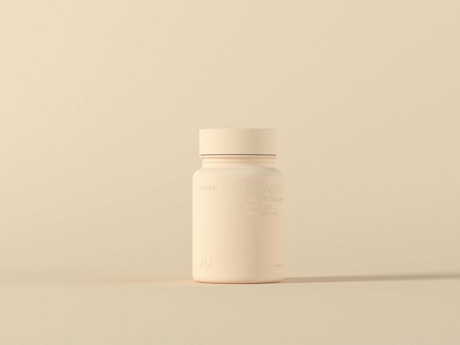 A plain cream supplement bottle with a minimal printed label on a beige background