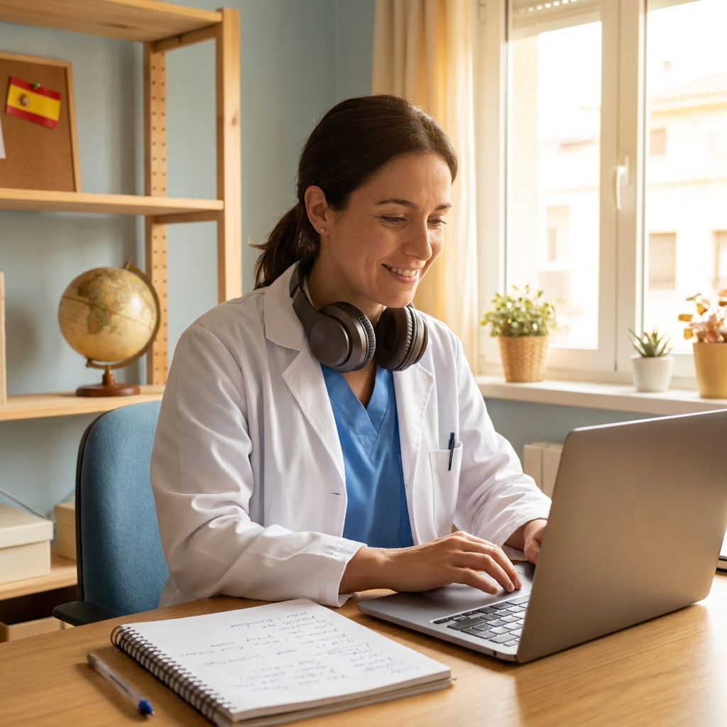 Healthcare professional studying online, representing Spanish courses for medical professionals