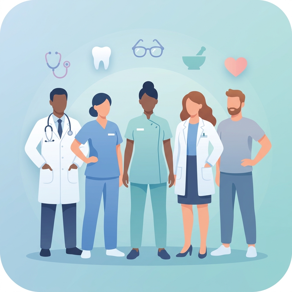 Illustration representing a list of medical professionals across healthcare specialties