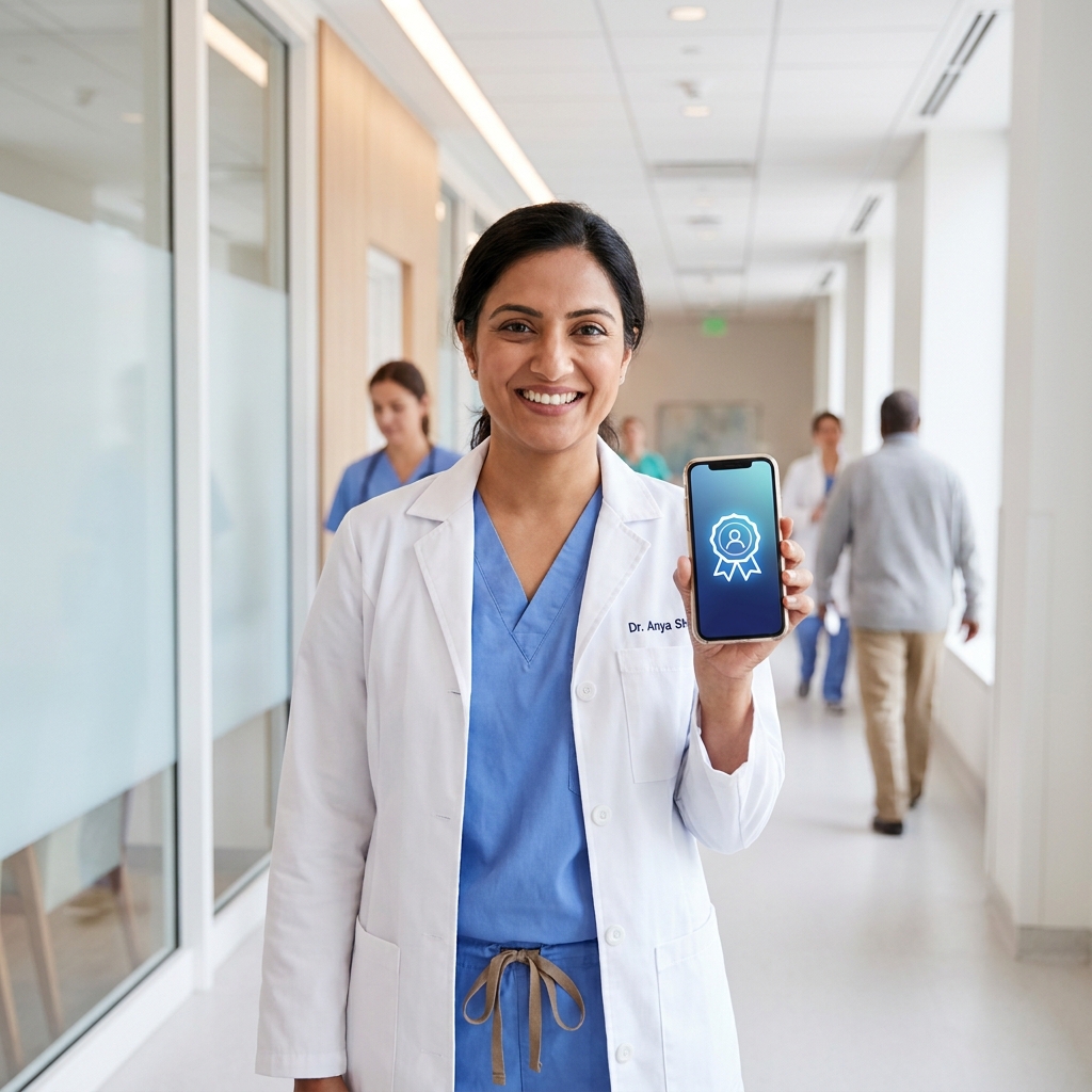 Healthcare provider confidently holding phone showing AHA BLS for healthcare providers card renewal