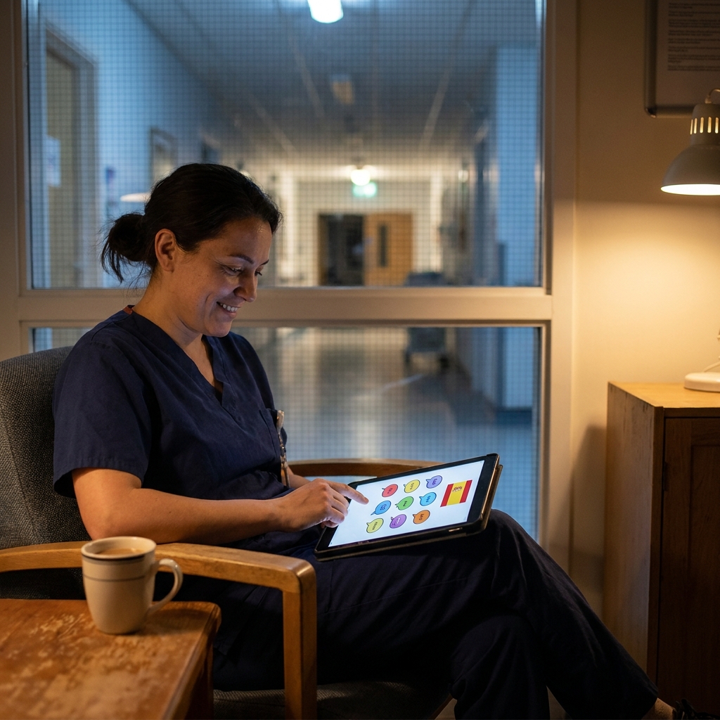 Nurse studying Spanish lessons for medical professionals on a tablet during a break