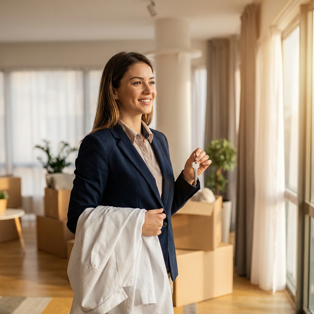 Doctor holding house keys in sunlit new home, representing medical professionals home loans