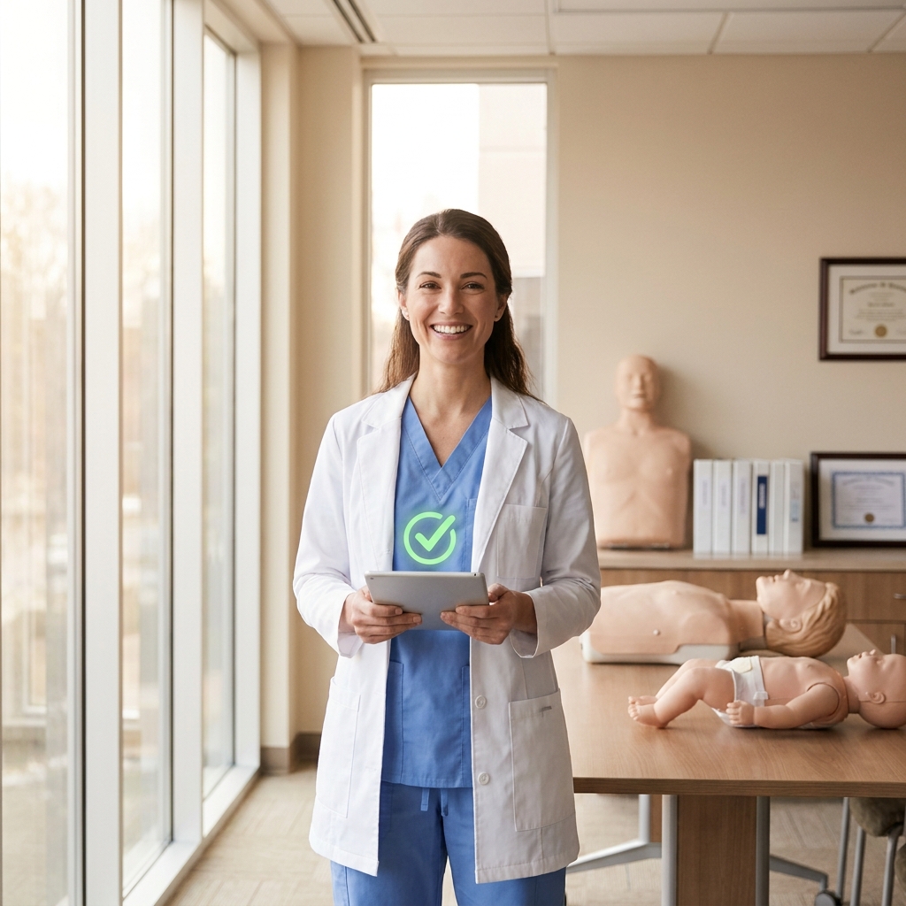 Healthcare provider confidently holding tablet, symbolizing BLS certification compliance readiness
