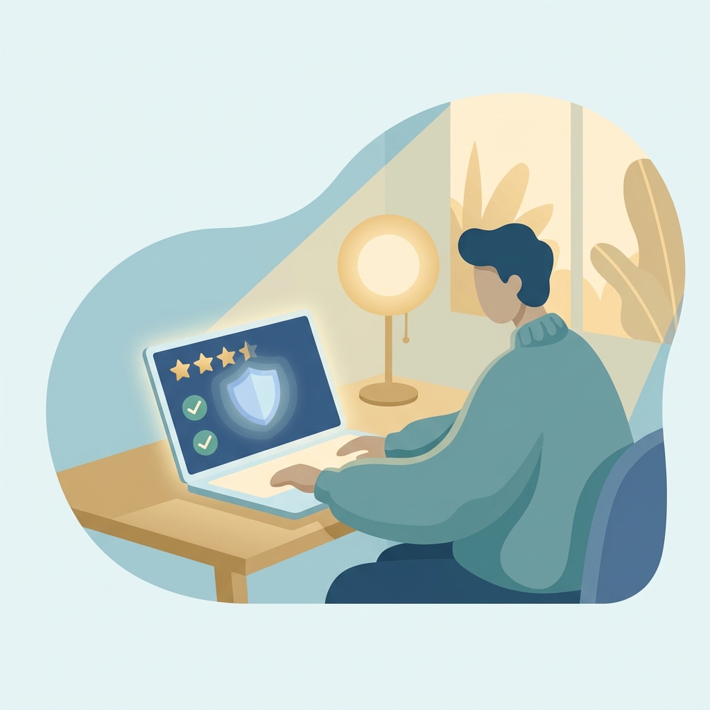 Illustration of a person confidently browsing doctor rating websites on a laptop