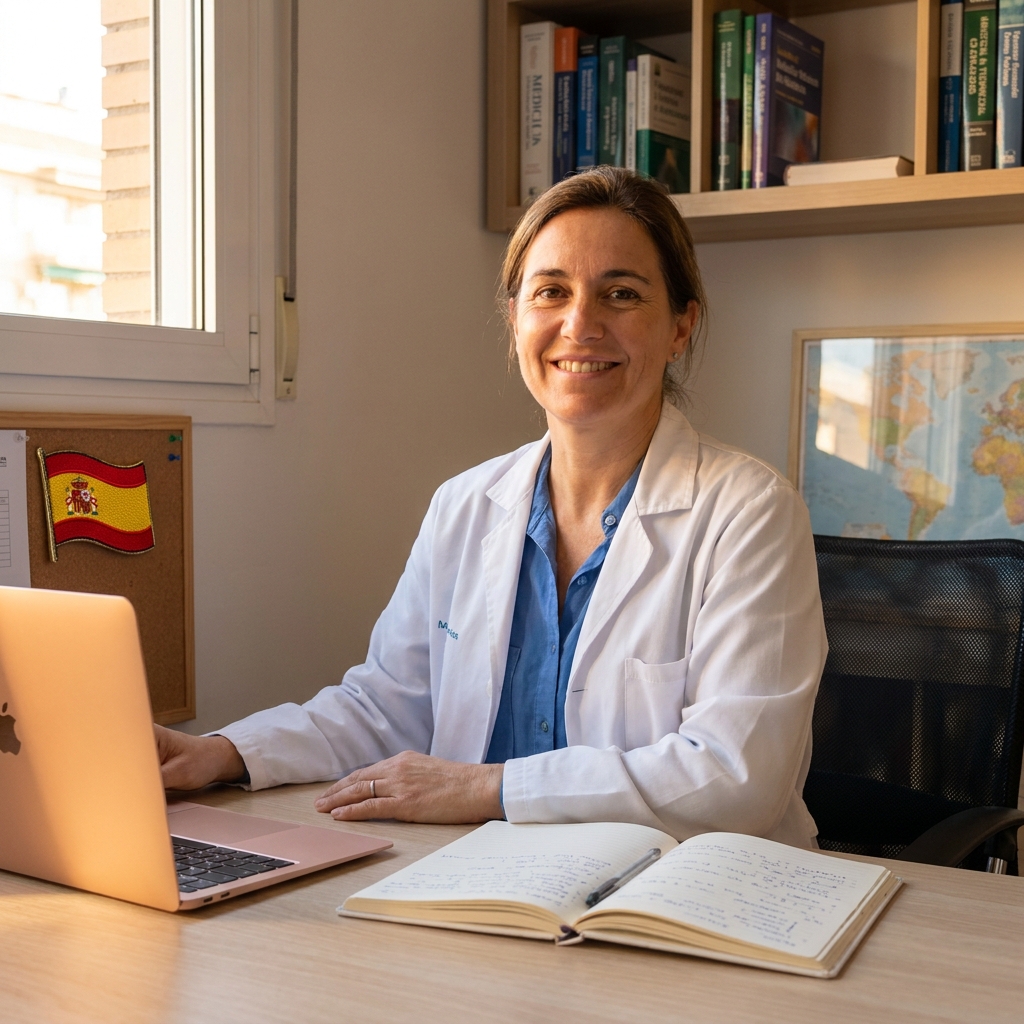 Medical professional studying for a Spanish for medical professionals course in a bright office