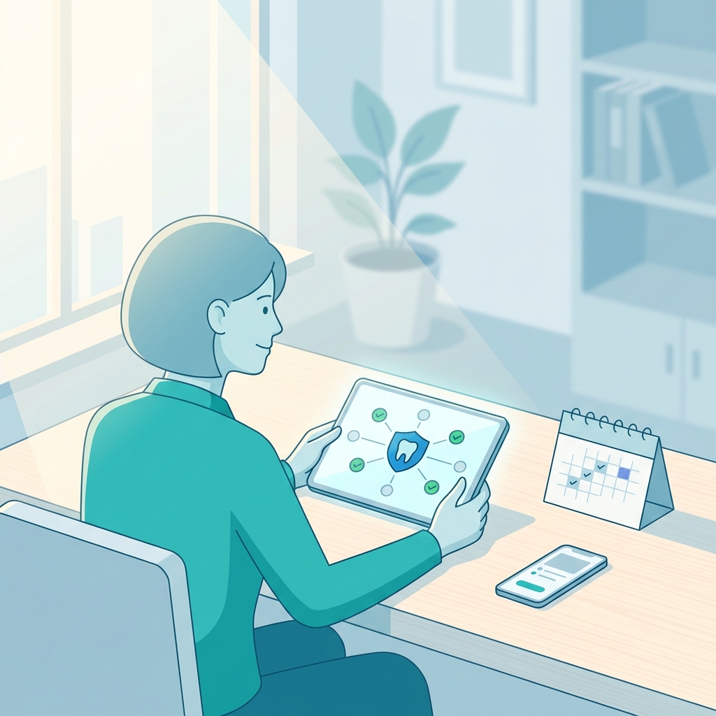 Illustration of person verifying Cigna Healthcare dental providers network on tablet