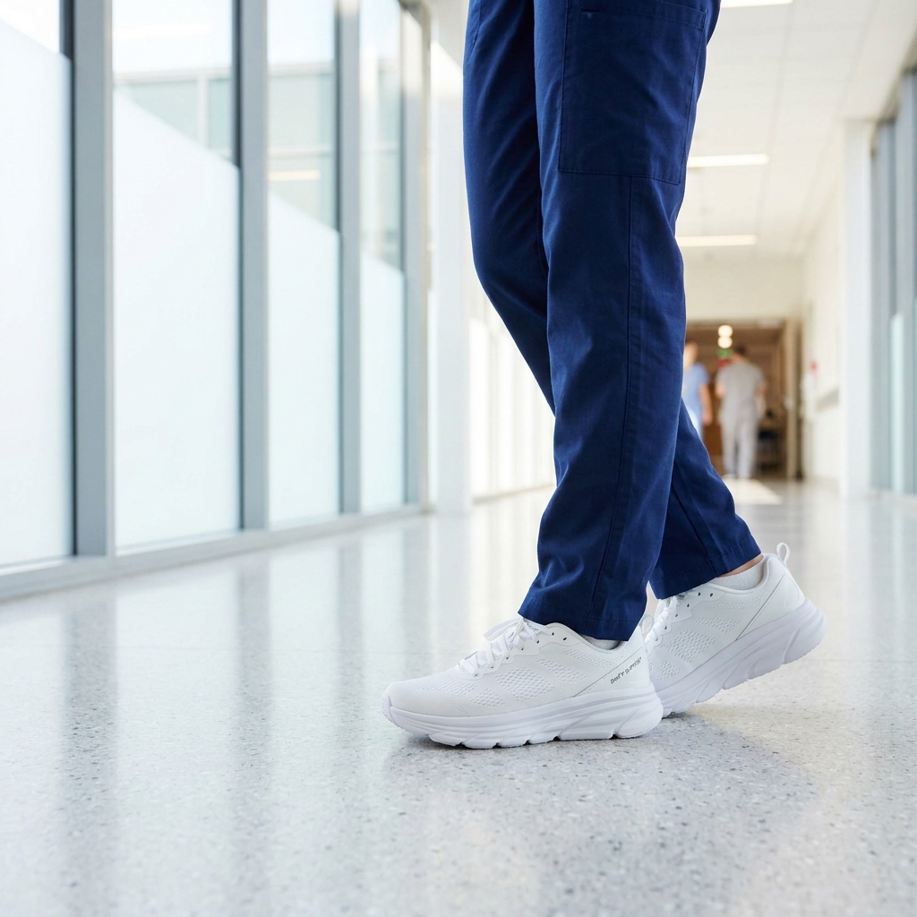 Medical professional wearing supportive sneakers, the best shoe for medical professionals on long shifts