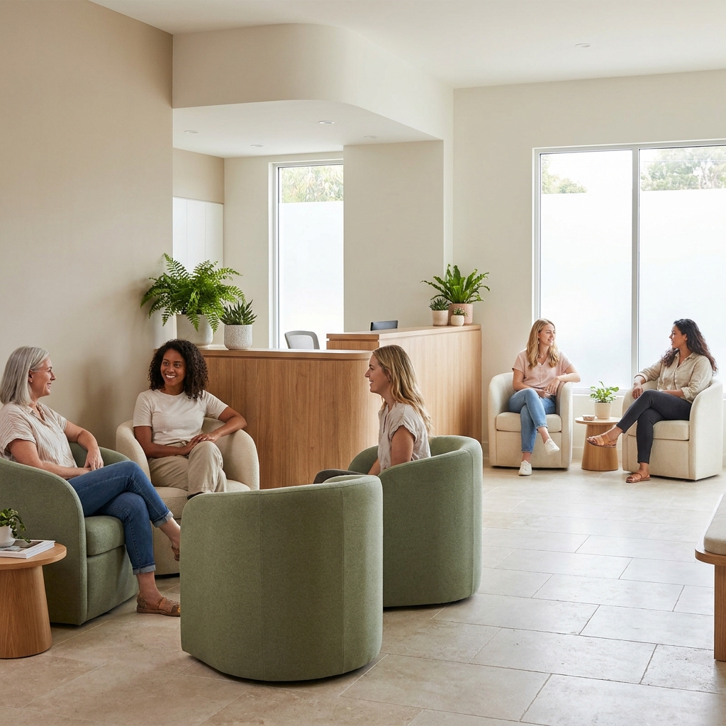 Modern welcoming waiting room representing CompleteCare Women's Medical Professionals clinics