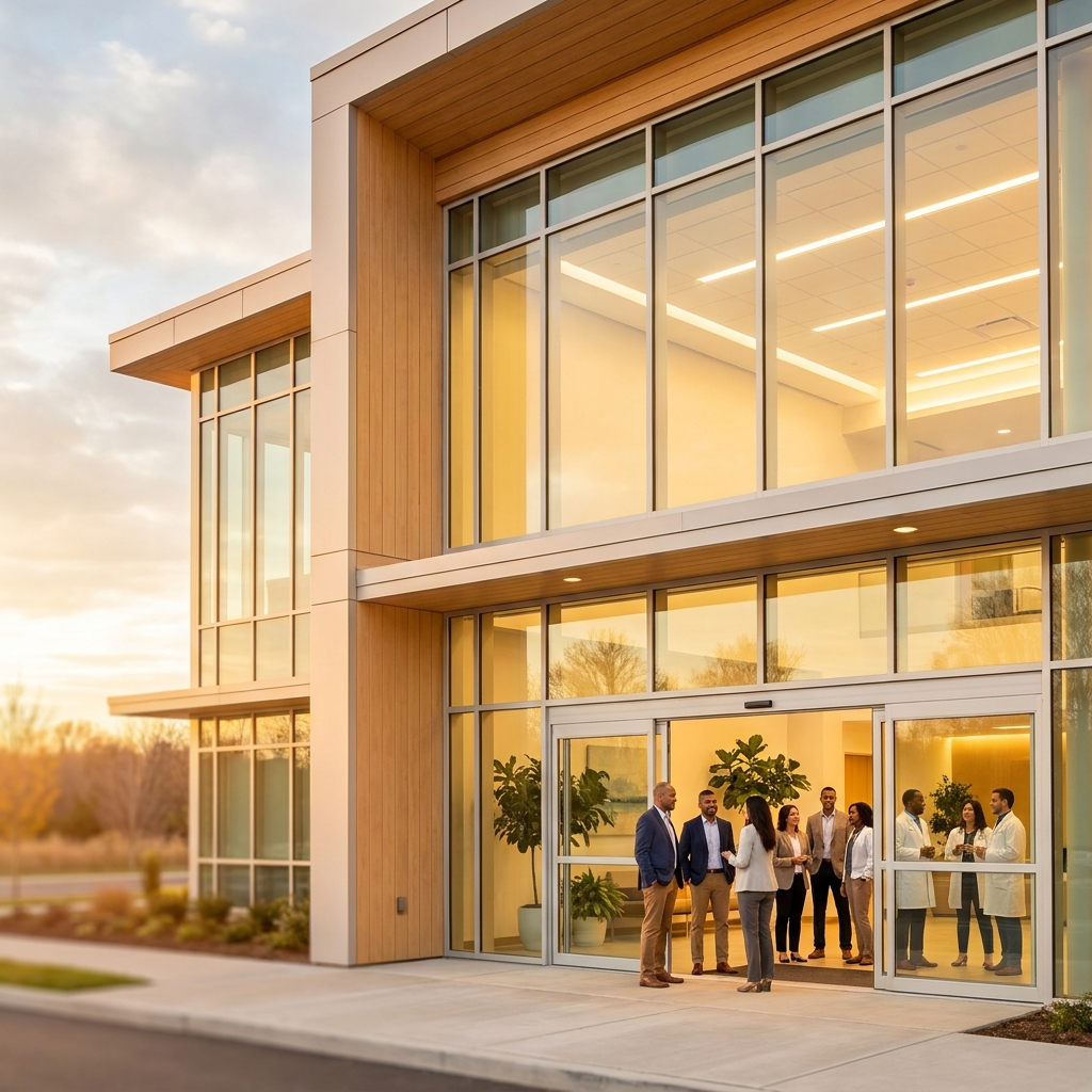 Modern medical building representing associated medical professionals group-care network