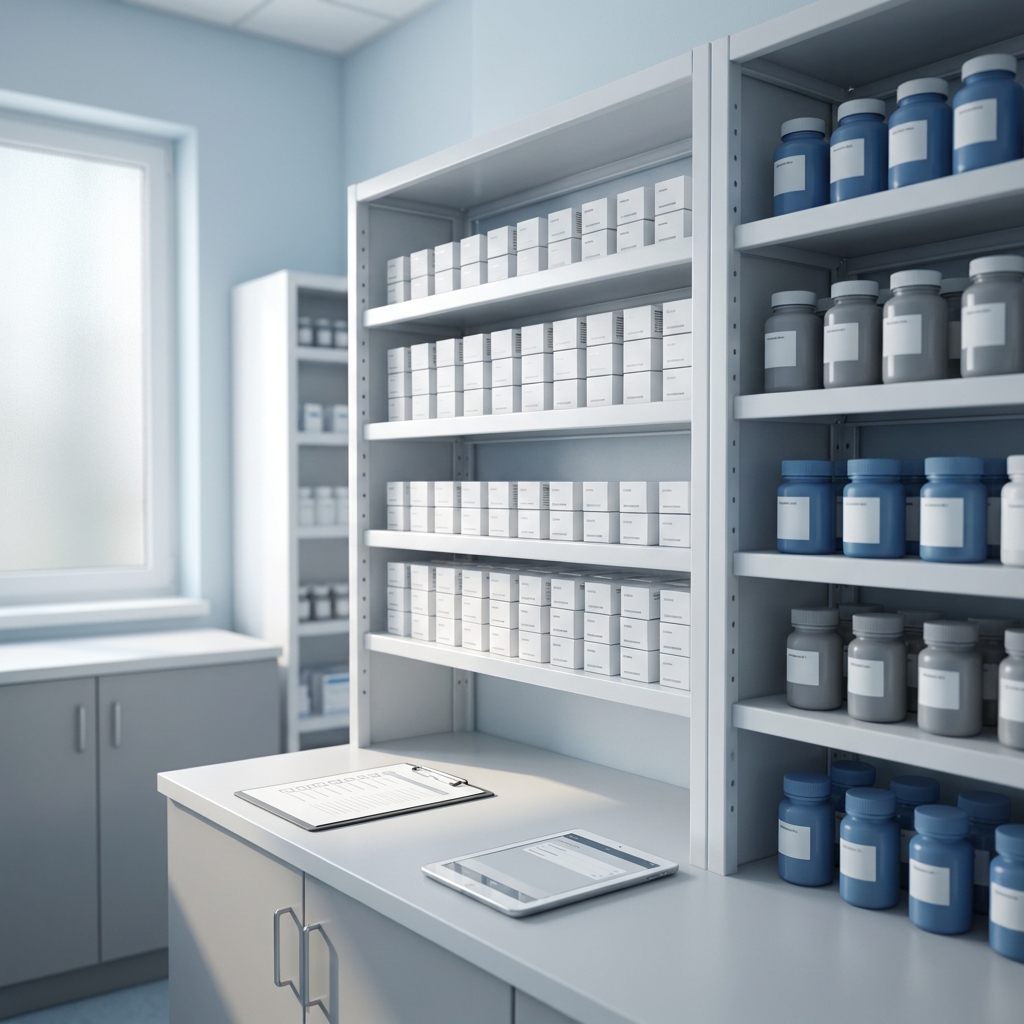 Organized storage shelves representing compliant professional samples for healthcare providers