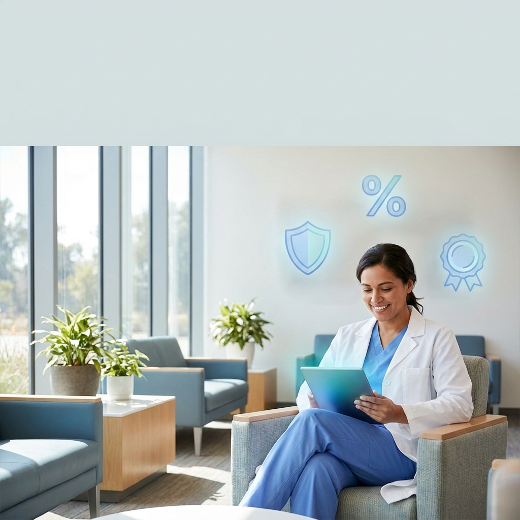 Healthcare professional smiling while reviewing medical professionals discounts on a tablet