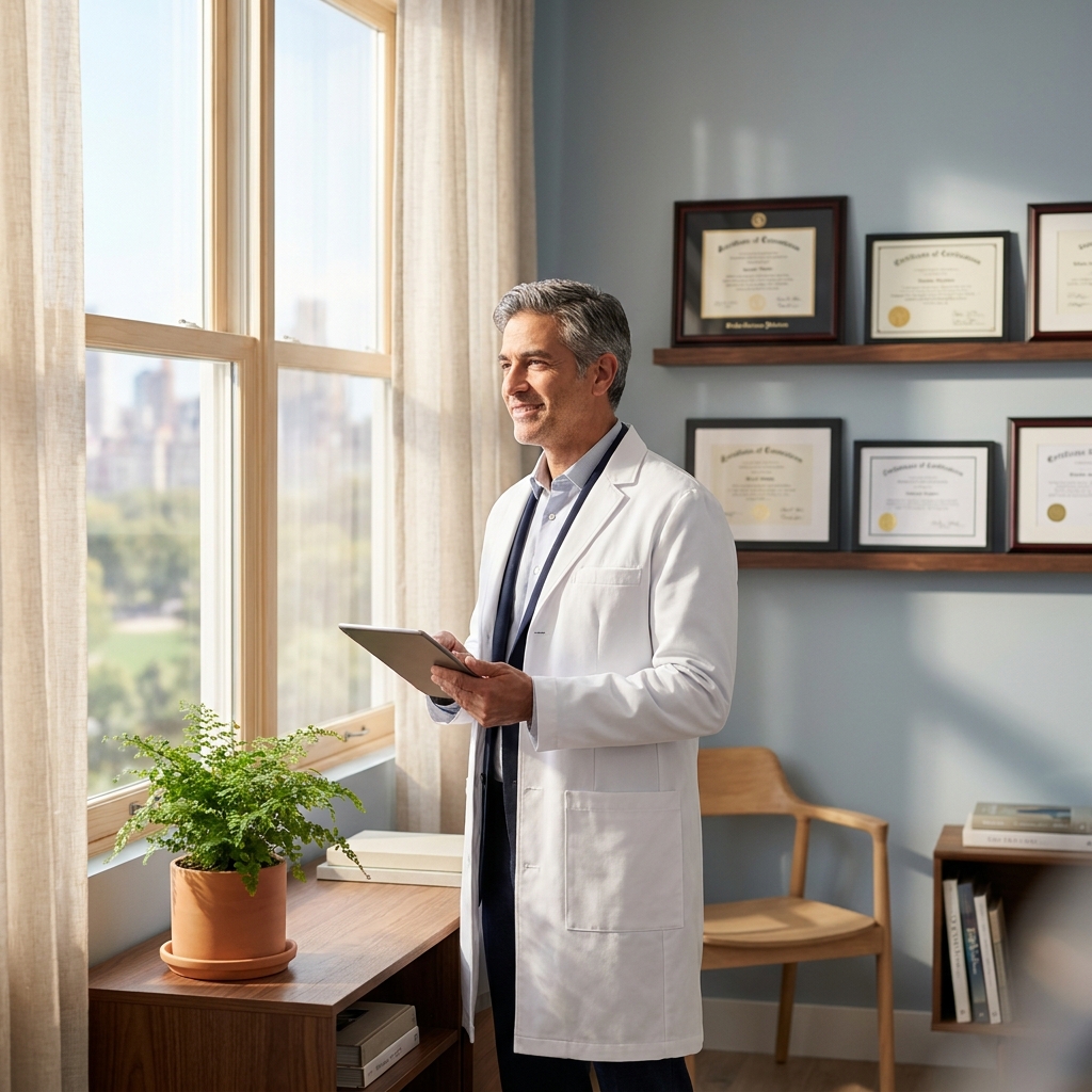 Physician reviewing credentials, symbolizing choosing an integrative medicine fellowship program